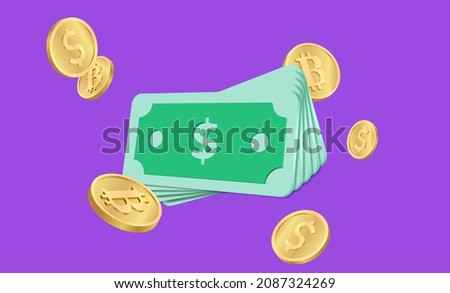 floating dollar bills and bitcoins. 3d cash icon for business