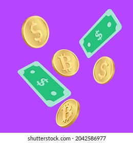 floating dollar bills and coins. 3d cash icon for business