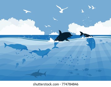 Floating dolphins on a sea background