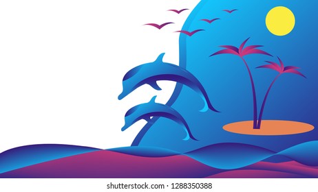 Floating dolphins in the sea against the backdrop of the island