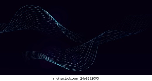 Puntos flotantes, partículas, patrón de onda, curva 3D, curva de degradado de tonos azules de semitono aislados sobre fondo oscuro. Vector en el concepto de tecnología, ciencia, música, modernidad.