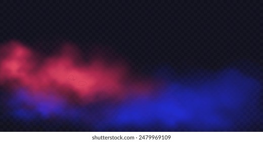 Floating duotone red and blue smoke, steam on transparent backdrop. Vector abstract duotone fog with sparkles isolated on transparent backdrop