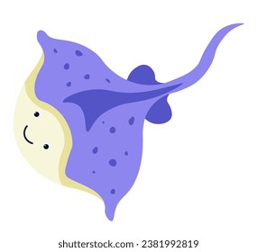 Floating eagle ray fish. Isolated marine animal, sea or ocean creature. Devilfish underwater stingray giant aquatic animal. Cute smiling swimming manta cartoon character. Vector in flat style