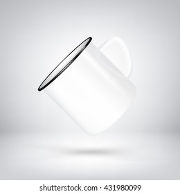 floating enamel mug isolated on studio background. photorealistic white cup