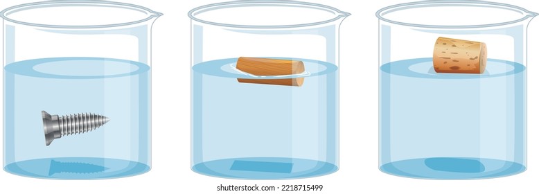 Floating experience in water, three water jugs and a piece of cork, wood, and metal nail. - Shutterstock ID 2218715499