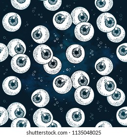 Floating eyeballs seamless pattern over blue background. Fabric print, wrapping paper or textile design hand drawn art vector illustration