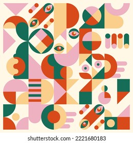 Floating Eyes Geometric Abstract Design With Pink and Orange Color Theme. Suitable for Background, wallpaper, wall decoration, backdrop, ornament, cover, web design, template, book cover, etc.