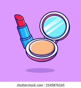 Floating Face Powder And Lipstick Cartoon Vector Icon Illustration. Object Beauty Icon Concept Isolated Premium Vector. Flat Cartoon Style