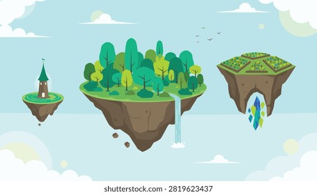 Floating fantasy islands in the sky featuring a magical castle tower, a lush green forest with a waterfall, and a crystal base.