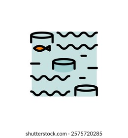 Floating farm color icon. Fish farming industry polyester ponds. Marine agriculture enclosure. Underwater ocean farms technology equipment vector illustration.