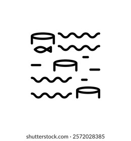 Floating farm line icon. Fish farming industry polyester ponds. Marine agriculture enclosure. Underwater ocean farms technology equipment vector illustration.