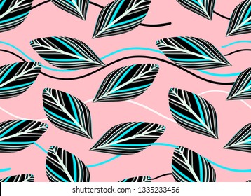 floating feathers leaves seamless pattern in pink blue shades