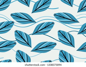 floating feathers leaves seamless pattern in blue shades