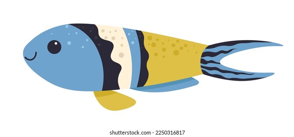 Floating fish with colorful body and fins. Isolated icon of a vertebrate animal. Aquarium or natural habitat in nature. Fauna of underwater, water dwellers. Vector in flat style illustration