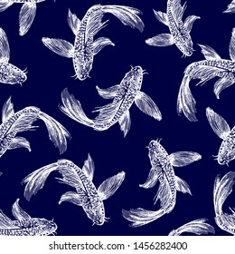 Floating fish seamless pattern. Individual fish in a white contour on a blue background. Figure in the form of a sketch.