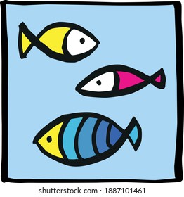 Floating fishes simple hand drawing converted to vector and colored