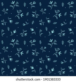 Florales flotantes Foliage Folk Style vector patrón sin fisuras. Estilo de impresión de motivos de flores jardín en fondo de contraste. Flores florales con huella botánica dibujada a mano. Ilustración de diseño de las flores de corte