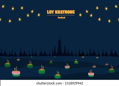 floating flowers loy kratong thailand festival full super moon background night and temple scene celebration culture with copy space
