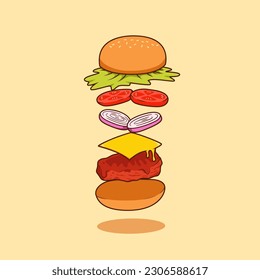 floating and flying ingredient of burger vector illustration with beef meat, cheese sheet, onion slice, tomato, lettuce and bun bread sandwich in outlined cartoon style illustration