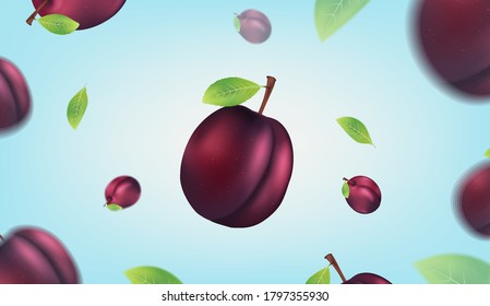 Floating fresh plum with blue sky background