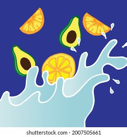 floating fruits with waving water illustration on blue background. freshness icon. hand drawn vector. summer time. slice of fruits, avocado, orange and lemon. doodle art for wallpaper, poster, advert.