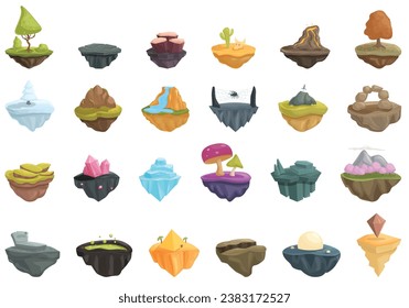 Iconos de la isla de juegos flotantes establecen el vector de dibujos animados. Plataforma de fantasía terrestre. Juego de paisajes naturales.