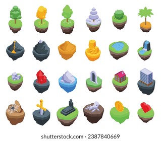 Los iconos de la isla de juegos flotantes establecen un vector isométrico. Tierra fantástica. Hierba natural de verano