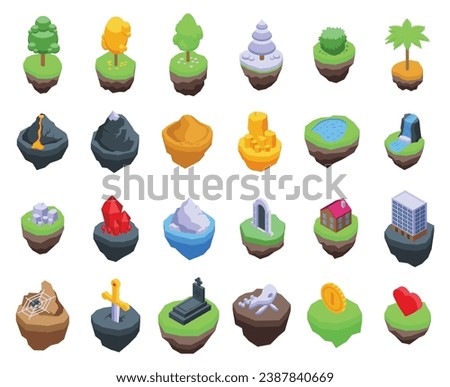Floating game island icons set isometric vector. Fantasy land. Summer nature grass