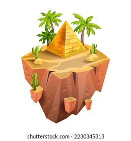 Floating game island, vector isometric Egypt land, ancient pyramid, tropical palm, cactus, rocks. 3D cartoon arcade desert landscape, UI environment location, dry ground. Mobile game island concept