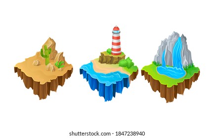 Floating Game Islands with Desert and Waterfall Vector Set