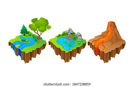Floating Game Islands with Forest and Volcano Vector Set