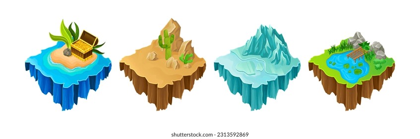 Floating Game Islands with Treasure Chest, Desert, Iceberg and Pond Vector Set