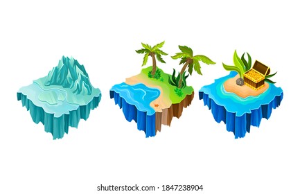 Floating Game Islands with Tropical Shore and Iceberg Vector Set
