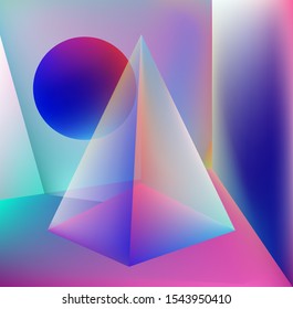 Floating geometric shapes: prism, pyramid, sphere. Synthwave and vaporwave style vector illustration.