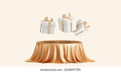 Caixas de presente flutuantes com fitas de ouro e pano drapeado em um fundo claro. Ilustração vetorial 3D elegante para luxo, celebração e conceitos de eventos especiais.