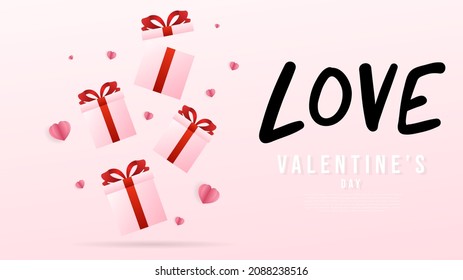 Floating gift boxes and hearts in Valentine's Day on pink background , Flat Modern design , illustration Vector EPS 10