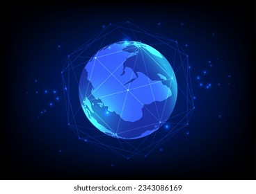 Floating-Globus auf dem Boden, polygonale Linien rund um den Globus, globale Kommunikation.