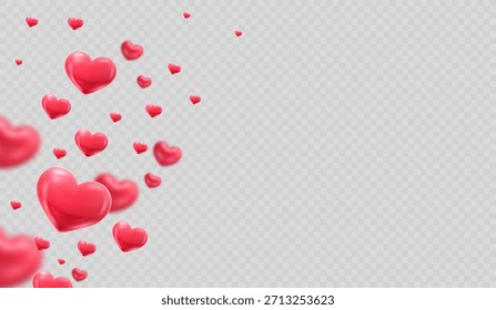 Floating glossy red 3D hearts forming a decorative vertical composition on a transparent background, perfect for Valentine’s Day designs, love themes, cards, and festive graphics.