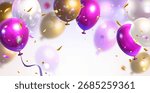 Floating gold, white and pink balloons in celebration scene with glossy spheres and sparkling confetti. Metallic orbs in festive atmosphere with ribbon details for birthday party decoration designs.