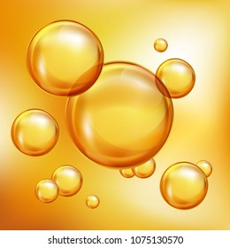 Floating golden bubbles. Realistic vector for beauty, personal care and cosmetic concept.