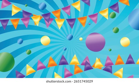 Floating golden stars, colorful spheres, and curling ribbons on a light blue background, adding fun and joy to festive visuals.