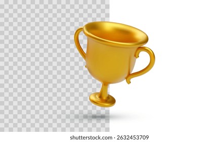Floating Golden Trophy Cup With Elegant Handles In 3D Style On Transparent And White Background. Symbol Of Victory, Excellence Or Reward. Ideal For Games Or Achievements. Vector Illustration.