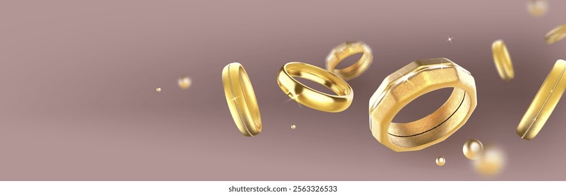 Floating golden wedding bands on brown backdrop. Elegant metallic rings flying in different angles. Geometric jewelry pieces with smooth surfaces and gleaming details for bridal jewelry presentation.