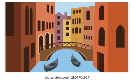 Floating gondolas on a canal between historic buildings in a colorful city style