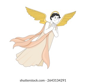 Anjo gracioso flutuante com asas e vestes fluindo 2D personagem bíblico desenho animado. Deus mensageiro. Rezando ser divino com mãos fechadas pessoa vetor plana isolada no branco. Ilustração especial colorida