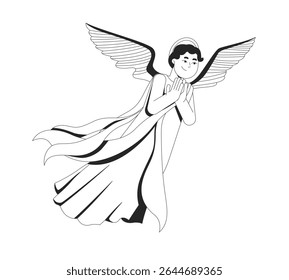 Anjo gracioso flutuante com asas e vestes fluindo 2D personagem bíblico linha. Deus mensageiro. Rezando ser divino com mãos fechadas isolada tinta vetor pessoa contorno. Ilustração de ponto monocromático