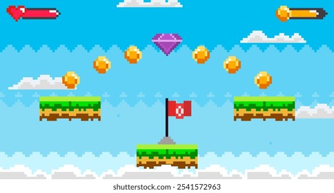 Plataformas de hierba flotante en un entorno de cielo pixelado. Las monedas de oro y un diamante púrpura se extienden sobre una bandera roja. Ideal para temas de juegos retro, diseño de juegos, obras de arte de 8 bits, juegos de plataformas y juegos casuales