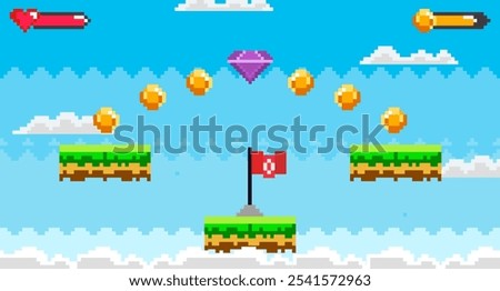 Floating grass platforms in a pixelated sky setting. Gold coins and a purple diamond are spread out above a red flag. Ideal for retro gaming themes game design 8-bit artwork platform games and casual