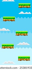 Floating grassy platforms in a blue sky filled with clouds. Ideal for video games, pixel art lovers, platform game design, retro-themed projects, and educational purposes. Retro pixel style