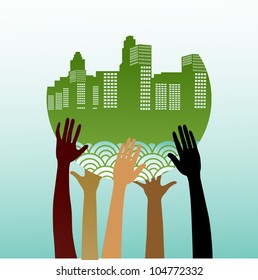 floating green city held by hands